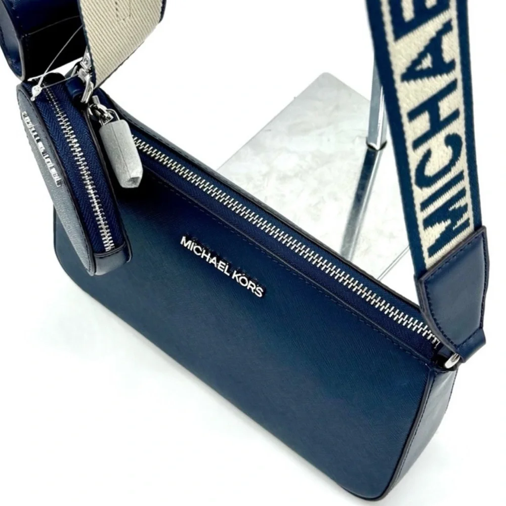 Michael Kors Small Leather Crossbody Bag w Case for Apple Airpods Pro® Navy - Picture 7 of 11